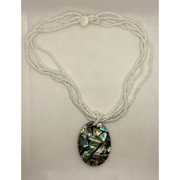 4 Strand White Seed Bead Necklace w Large Oval Abalone Pendant Beach Mermaid - Picture 7 of 9